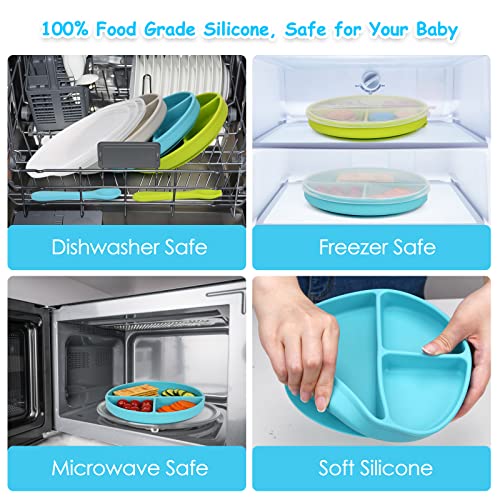 קינגקם יניקה תינוק צלחות עם מכסים- מזון כיתה סיליקון מחולק פעוט צלחות עם כפות-עצמי האכלת סט-מדיח כלים &