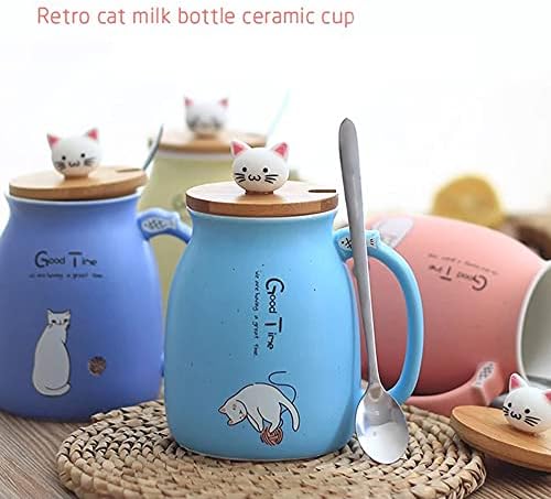 ספלי חתול קרמיים חמודים עם כף ומכסה עץ, כוס תה ספל חלב מים קפה למשרד ביתי מתנת כלי שתייה 420