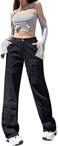 מכנסי מטען של Keusn Womens מכנסי מצנח רגליים רחבות ישר Y2K מכנסי מטען אימון עם מכנסי טרנינג בכיסים