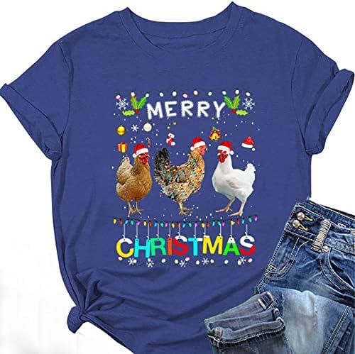 חולצות חג המולד של נשים סנטה כובע שרוול קצר סוודר חג המולד חג המולד עוף עוף מודפס חולצת טריקו פרימיום