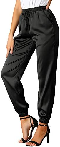 Allegra K משרטט נשים מותניים אלסטיים מותניים מכנסיים אורך קרסול אורך סאטן עם כיס עם כיס