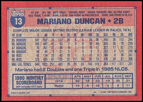 1991 Topps 13 Mariano Duncan NM-MT Cincinnati Reds reds מורשה רשמית כרטיס מסחר בייסבול MLB