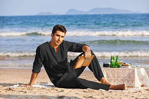 קואופנדי 2 חתיכות פשתן כותנה סט חולצת הנלי שרוול ארוך ומכנסי חוף מזדמנים תלבושות יוגה קיץ