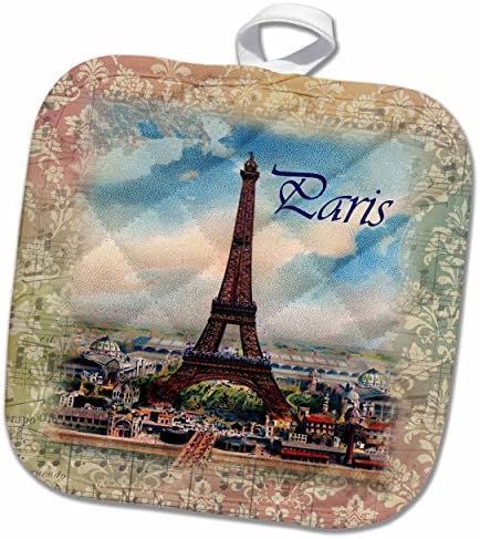 תמונת ורד תלת מימדית של מגדל אייפל על גיליון מוסיקה ישן עם מחזיק סיר פריז, 8 x 8