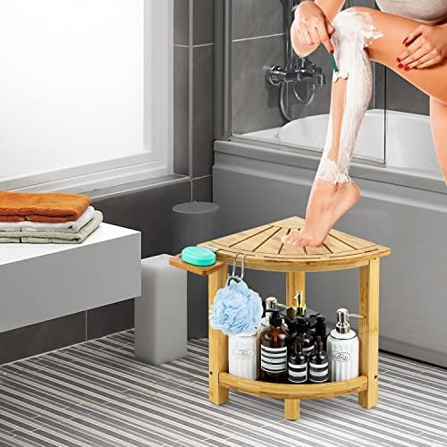 ספסל מקלחת במבוק של Etechmart עם צלחת גב וסבון, אגוז+שרפרף מקלחת פינתית במבוק לגלגלי רגליים
