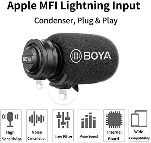 Boya iPhone Lightning Plug & Play Microphone DM200 Cardioid Combenser Microphone עם MFI Certified Lightning Port