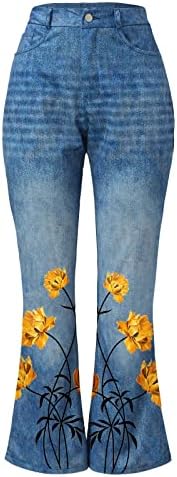 מכנסיים תחתון פעמון לנשים הדפס פרחוני מכנסיים מתרחשים מתאימים למותניים אלסטיים ג'ינס תחתון פעמון עם כיסים