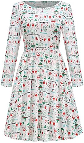 נשים עץ חג המולד שמלת הדפס אופנה מזדמן שרוול ארוך רזה שמלת מותניים שמלת שרוול פנינה לנשים