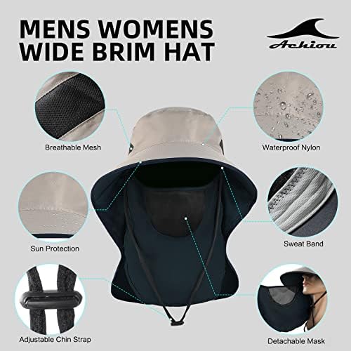 כובע דיג של Achiou לגברים נשים, שולי UV הגנה מפני השמש UPF 50+, כובע כובע שמש אטום למים עם כיסוי הפנים