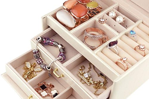 קופסת תכשיטים זהב, ארגז מארגן תכשיטים לנשים, 3 שכבות מארז אחסון תכשיטים ניידים עם מנעול לשרשרת,