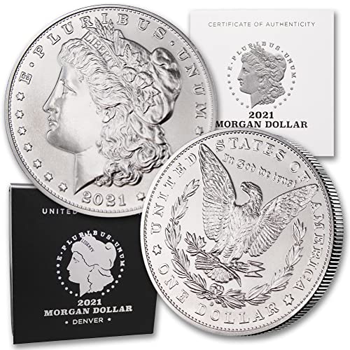 2021 D Morgan Silver Dollar מבריק ללא מחזור בקפסולה עם תיבת המנטה המקורית ותעודת האותנטיות של 1 $ מצב מנטה