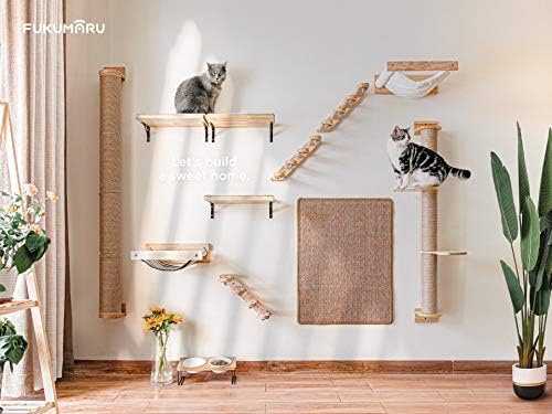 ריהוט קיר חתול פוקומארו, כולל צעד טיפוס חתול, מדף קיר צף עם מחצלת גירוד חתול, עץ פעילות חתול עם עמודי