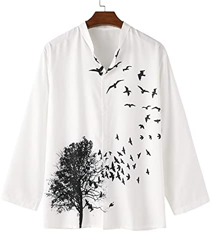חולצות פשתן כותנה לגברים של ZDDO, ציפורי עץ אופנה מודפס