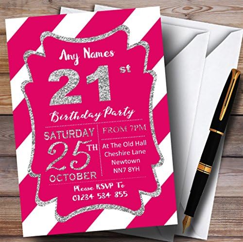פסים אלכסוניים לבנים ורודים סילבר 21 הזמנות למסיבת יום הולדת בהתאמה אישית