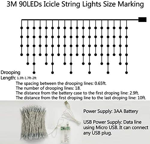 אורות ICICLE 90 LED 10 ft אורות וילון קצרים עם 8 מצבים שלט רחוק, Powerd על ידי USB וסוללה - אורות