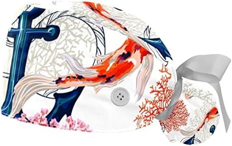 2 חבילות כובע העבודה של נשים עם כפתורים סרט עוגן קשירה לאחור עם כיסויי שיער ארוכים של דגי קרפיון