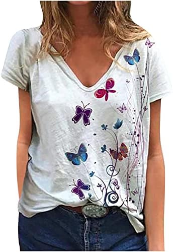 חולצות שרוול קצר לנשים נ 'צוואר ספנדקס פרפר פרחים הדפס פרחוני רופף חולצות חולצות נערות נערות 2023 UL