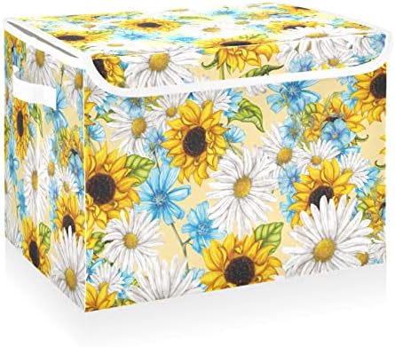 פחי אחסון חמניות של Cataku Daisy Sunflowers עם מכסים בד אחסון גדול סל קוביית קוביית קופסאות עם קופסאות אחסון