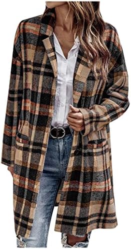 מעילי Shacket משובץ טארטן לנשים מעיל ארוך מעיל מזדמן בתוספת גודל צמר תערובת צמר ז'קט ז'קט כפתור דש למטה