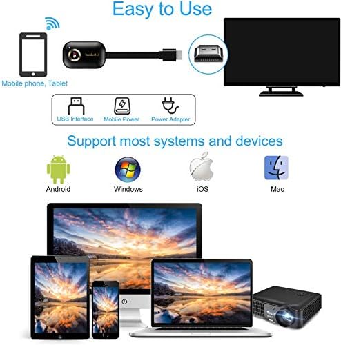 מתאם דונגל תצוגה אלחוטית, 5GHz+2.4GHz WiFi מקלט תצוגה נייד 1080p HDMI מסך שיקוף תואם ל- Miracast/AirPlay/Android/iOS/iPhone/iPad/MAC/PC/TV/Monitor