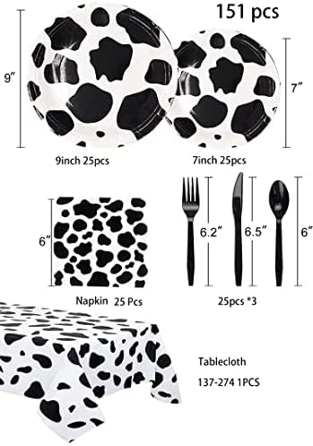 151 חתיכות פרה הדפסת ספקי צד,אסם חיות פרה נושאים מסיבת קישוט פרה מפת שולחן צלחות מפיות שחור סכין, מזלג וכפית