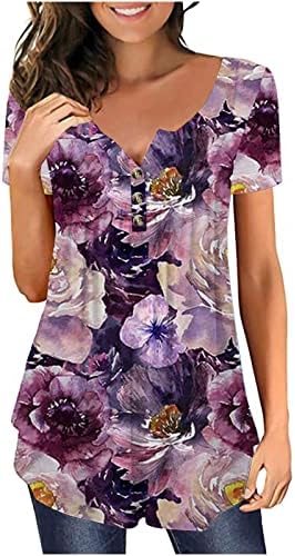 2023 פרחוני גרפי חולצות לנשים פתוח כפתור צווארון עגול הנלי חולצות להסתיר בטן רופף חולצות אביב מזדמן קצר שרוול