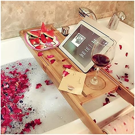 סיז'יווג'יה אמבטיה כיסוי עץ במבוק סיפון אמבטיה הניתן להרחבה עם ספר מחזיק יין וטבליות מתאימות לרוחבים