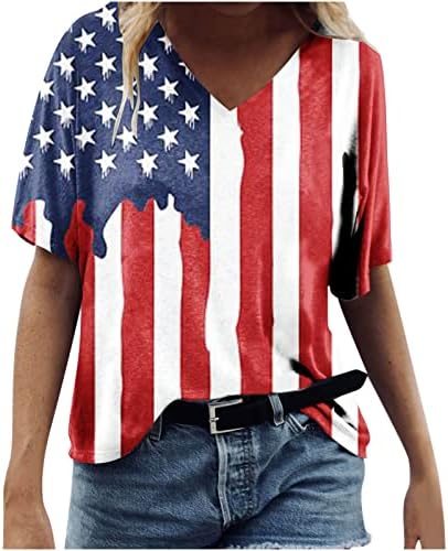 דגל אמריקאי של נשים 4 ביולי חולצות נ 'צוואר קיץ טיז מזדמן שרוול קצר חולצות פטריוטיות רופפות 2023 אופנה