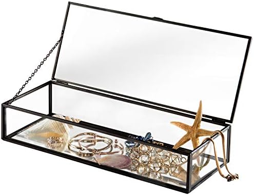 קופסת תכשיטים מזכוכית מיג 'יפט, מתכת שחורה בסגנון וינטג' וזכוכית שקופה עם מכסה עליון צירים