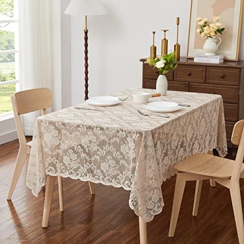 מלבן שולחן פשתן לינזון לעיצוב וינטג 'כפרי. שולחן תחרה עצום עובד נהדר כמו מפת חתונה, מפת שפת חג ההודיה או