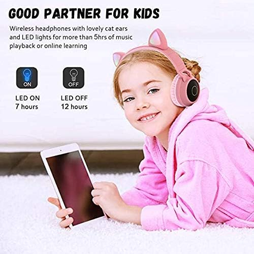 אוזניות אלחוטיות של Bluetooth Kids, דמיקאן חתול אוזן Bluetooth מעל אוזניות אוזניים, נורות LED, רדיו