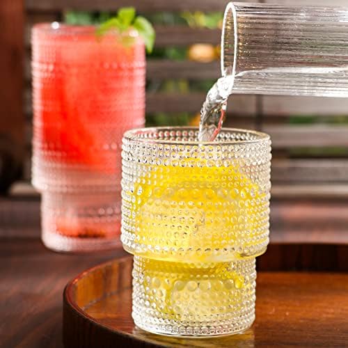 סט כוס זכוכית בסגנון וינטג 'של 2 כוסות שתייה חרוזים מובלטים מזכוכית שקופה, כוס זכוכית וינטג' הניתנת לגיבוב עם
