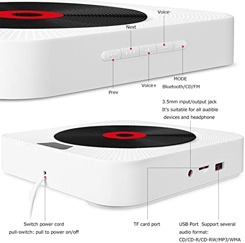 נגן תקליטור קיר הניתן להופך Bluetooth: נגן CD לבית עם תצוגת LCD שלט רחוק - רמקולי HIFI מובנים רדיו FM, תומך ב-