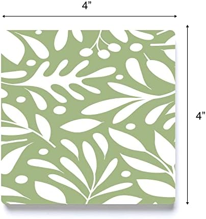 דפוס העלים קפיץ לבן ירוק 4 x 4 חוף ים מרובע קרמיקה של 4 חפיסה של 4