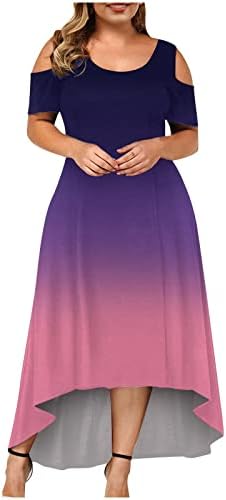 נשים בתוספת גודל מידי ארוך שמלת שיפוע צבע קר כתף קצר שרוול מזדמן יולדות שמלה גבוהה נמוך מכפלת שמלה