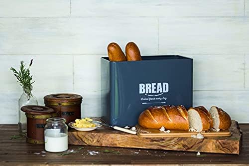 קופסת לחם גדולה במיוחד למשטח השיש במטבח, וינטג ' עם מכסה במבוק, מתכת, סגנון חווה מסורתי. פחי אחסון דלפק למטבח