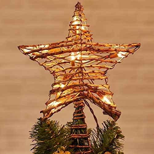 טופר עץ כוכב חג המולד, 12 טופר עץ כוכבים תלת מימדי של ראטאן, כוכב טבעי כפרי רטן בנוי ב -10 נורות מיתרים