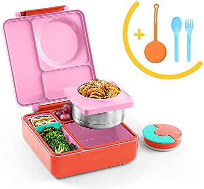 קופסת בנטו של Omiebox לילדים Bento Bento Box עם צנצנת מזון תרמוס של דליפה, 3 תאים + כלים כחולים