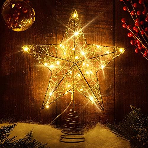 רוצינהה זהב עץ חג המולד טופר כוכב כוכב עץ מואר כוכב חוט לעץ חג המולד, 10 אינץ 'טופר עץ כוכב חג המולד עם 30 אורות