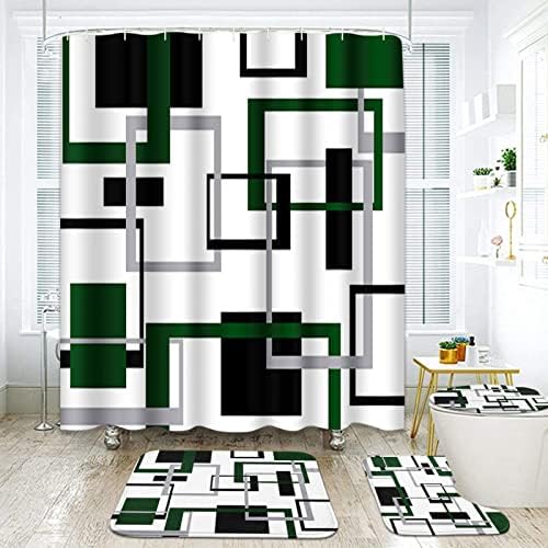 ערכות אמבטיה ירוקות ואפורות גיאומטריות עם וילון מקלחת ושטיחים ואביזרים, מערכות וילון מקלחת שחורות ואפור