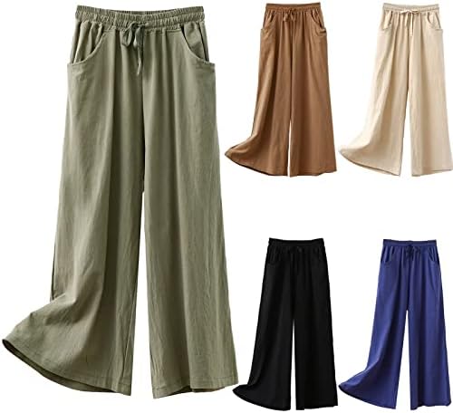 מכנסי כותנה לנשים מכנסיים ארוכים בצבע אחיד מזדמן מכנסיים ישר מותניים אלסטיים נמתחים מכנסי רגל רחבים עם כיסים