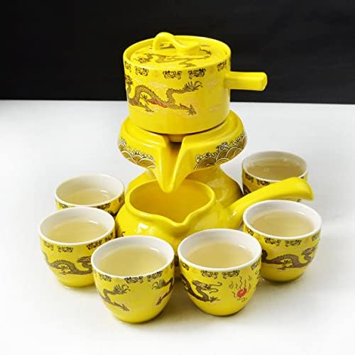סט מתנה של תה גונגפו סיני, שירות עיצוב טחנות אבן אוטומטיות קרמיקה בעבודת יד סיר תה 6 כוסות דרקון צהוב