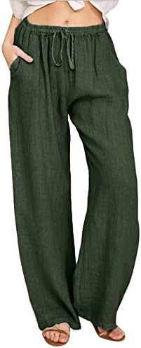 מכנסיים לנשים כותנה ופשתן גבוהה מותן אלסטי שרוך עם כיסים מוצק רחב רגל רופף מתאים מכנסיים