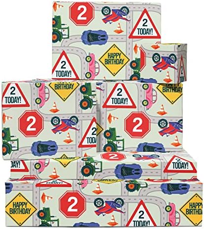 מרכזי 23 צבעוני גלישת נייר לילדים - 6 גיליונות של מתנה לעטוף עם תגים - גיל שני - 2 יום הולדת גלישת נייר עבור בנים-רכב