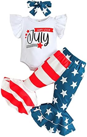 בנות תלבושת 4 ביולי בגודל 8 תלבושות של נערות שרוול רפרוף רומפר דגל אמריקאי הדפסי דגל מתלקח עם התלקחות עם