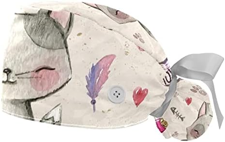 2 חבילות כובע העבודה של נשים עם כפתורים סרט עניבת סרט אחורי מצויר בחתול חיית מחמד שיער ארוך שיער