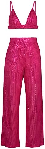 נשים נוצץ תלבושות נצנצים ארוך שרוול חולצה חולצה למעלה גליטר ארוך רופף מכנסיים בלינג מסיבת מועדון בגדי רחוב