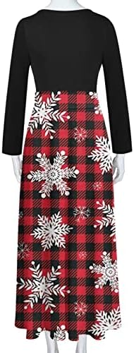 נשים משובץ מקסי שמלת חג המולד פתית שלג גרפי מודפס אימפריה מותניים ארוך שמלה מזדמן ארוך שרוול שמלות