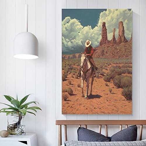 הקאובוי המערבי רוכב על סוס לבן בפוסטר אמנות הבד המדבר הפראי והדפס תמונה אמנות קיר -יאנגינג 16x24