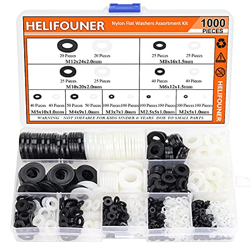 Helifouner 1000 חתיכות 9 גדלים לבנים/שחור ניילון כביסה שטוחה ערכת מגוון - M2 M2.5 M3 M4 M5 M6 M8